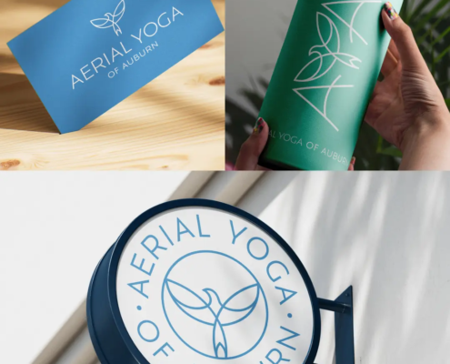 The new logo and branding suite for Auburn Aerial Yoga, designed by Here Molly Girl