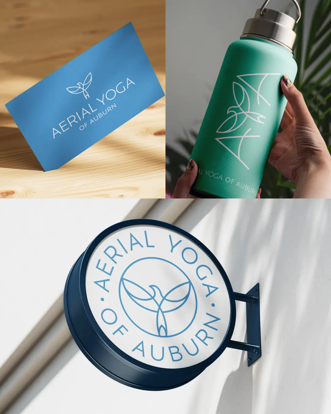 The new logo and branding suite for Auburn Aerial Yoga, designed by Here Molly Girl