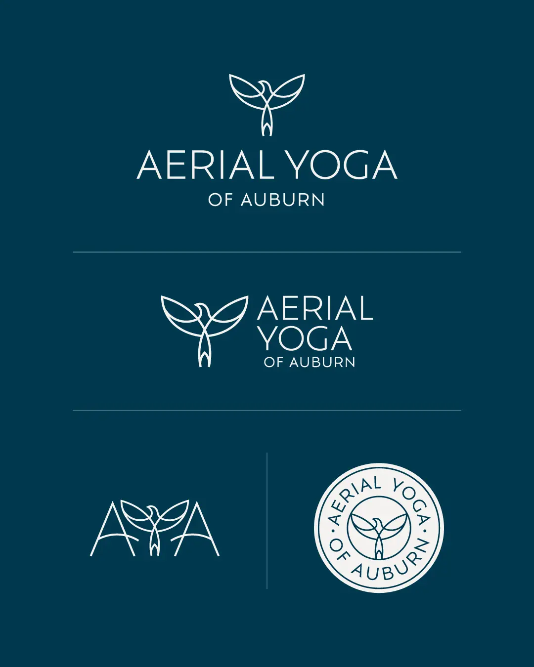 The new logo and branding suite for Auburn Aerial Yoga, designed by Here Molly Girl