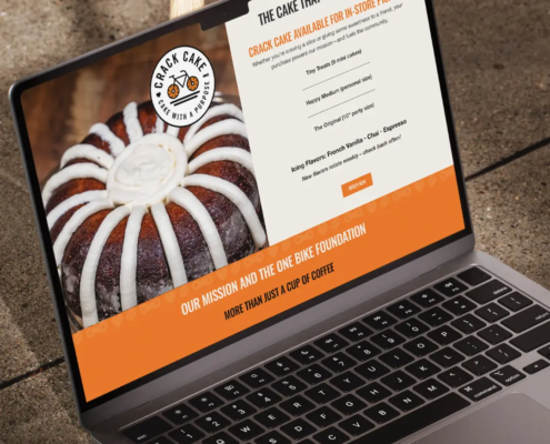 One Bike Coffee's new logo and branding suite and updated website for their famous Crack Cakes, designed and built by Here Molly Girl