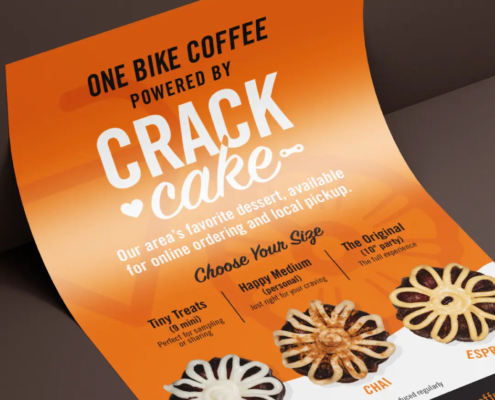 One Bike Coffee's new logo and branding suite and updated website for their famous Crack Cakes, designed and built by Here Molly Girl