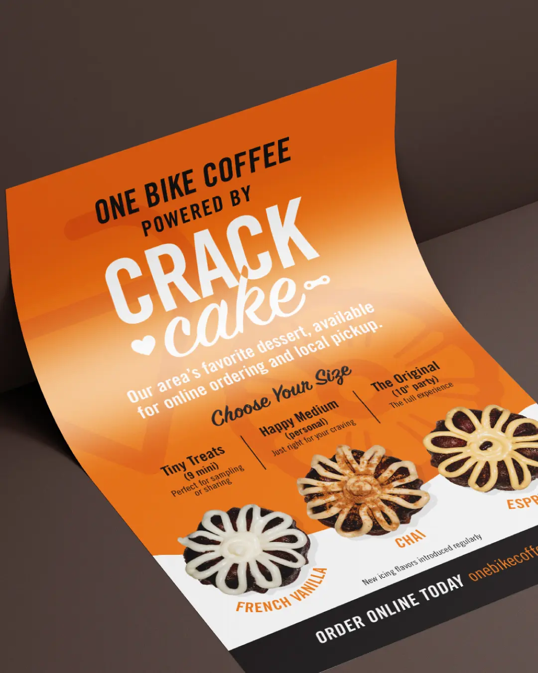 One Bike Coffee's new logo and branding suite and updated website for their famous Crack Cakes, designed and built by Here Molly Girl