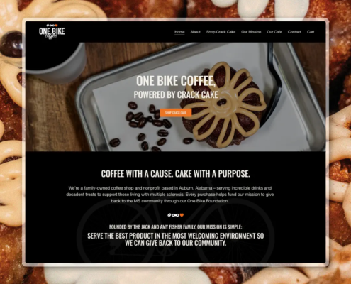 One Bike Coffee's new logo and branding suite and updated website for their famous Crack Cakes, designed and built by Here Molly Girl