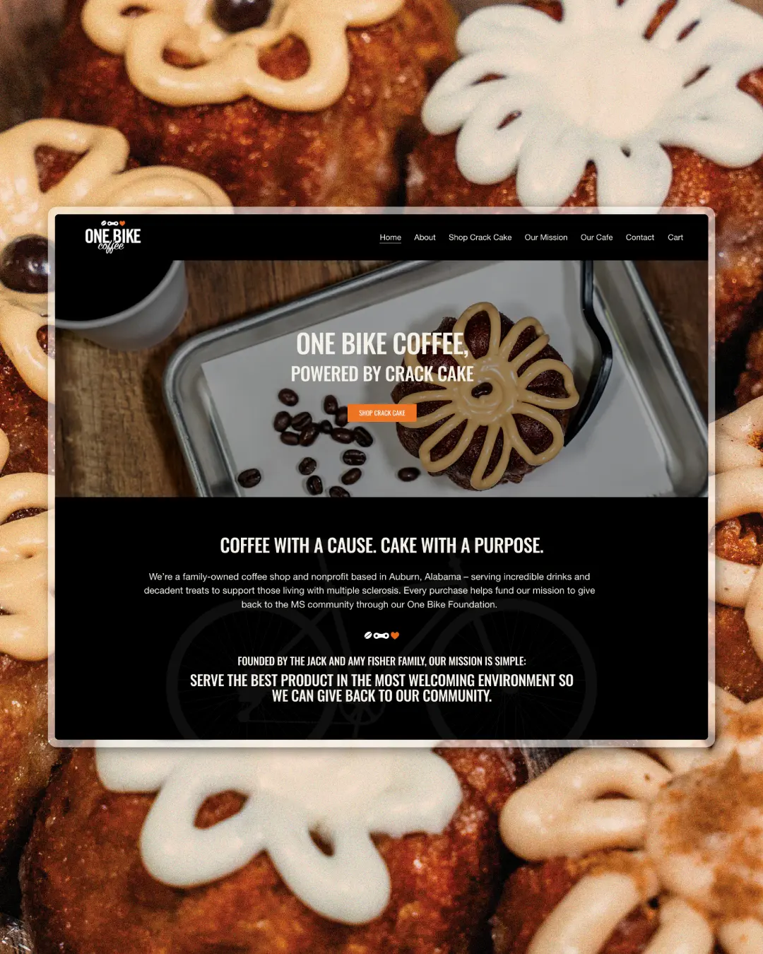 One Bike Coffee's new logo and branding suite and updated website for their famous Crack Cakes, designed and built by Here Molly Girl