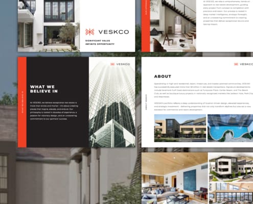 A beautifully designed pitch deck for VESKO real estate investment, created by Here Molly Girl