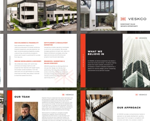 A beautifully designed pitch deck for VESKO real estate investment, created by Here Molly Girl
